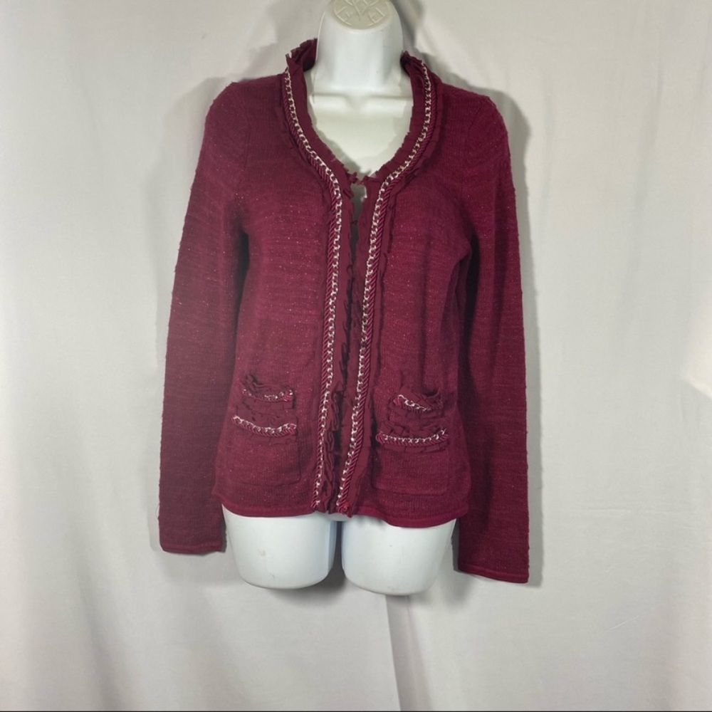 White House Black Market Cardigan Sweater Ruffle Chain Trim Hook And Eye Closure - Picture 7 of 8